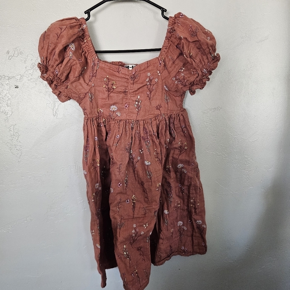 Cotton On Kids Girls 9-10 Terracotta Rust Puff Sleeve Dress Floral Smocking